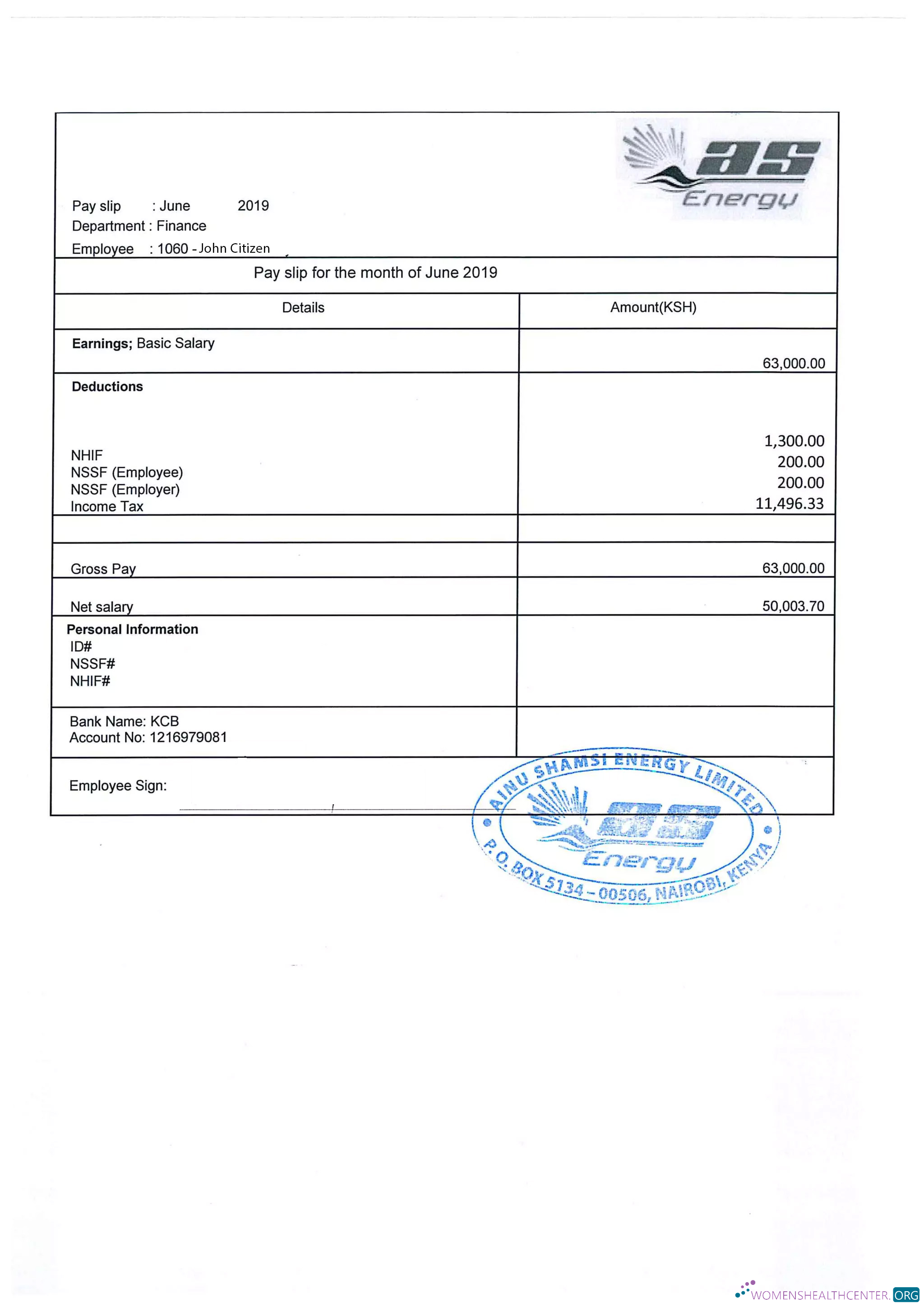 Download KENYA AINU Shamsi Energy Limited payslip in Word and PDF formats Photoshop template
